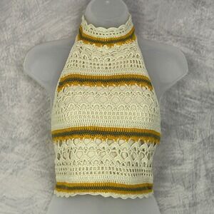 Y2K Crochet Halter Top Striped Lace Up Back womens Sz M Festival Boho Gypsy